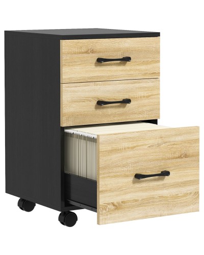 Office Drawer Unit with 3 Drawers and Wheels, File Cabinet with Adjustable Rails, Oak and Black