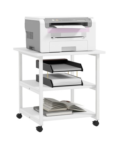  Carrello Porta Stampante a 3 Ripiani con 4 Ruote, Legno e Acciaio, 50x50x52.5cm, Bianco