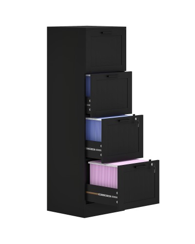  Cassettiera Portadocumenti a 4 Cassetti con Binario Regolabile e 2 Serrature, in Legno, 40x40x131 cm, Nero