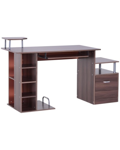 Modern Computer Desk with Drawers, Shelves, and Pull-Out Keyboard Tray, Brown Wood Home Office Desk 152x