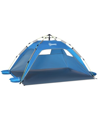 Pop Up Beach Tent with Zipper Door, Polyester and Fiberglass, 220x173x120 cm, Sky Blue and Grey