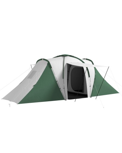  Tenda da Campeggio 4-6 Persone con 2 Camere, in Poliestere e Fibra di Vetro, 555x225x190 cm, Grigio e Verde