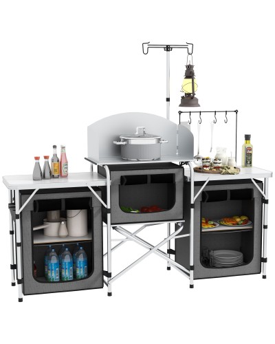 3-Tier Folding Camping Kitchen with 5 Internal Shelves and 4 Hooks, 172x48x119 cm, Grey and Silver