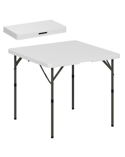 Folding Camping Table with 2 Adjustable Heights in HDPE and Metal, 86x86x74 cm, White