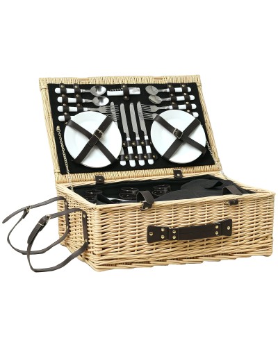 Picnic Basket for 4 with Cooler Compartment and Accessories, Wicker, 54x34x20 cm, Wood Color