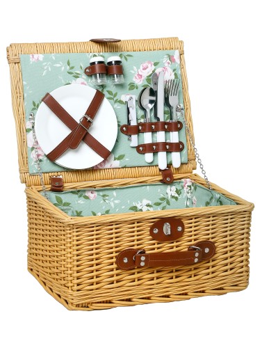 Wicker Picnic Basket for 2 with Plates, Glasses, Corkscrew, and Cutlery, 40x30x20 cm, Brown