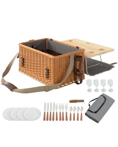  Cesta da Pic Nic per 4 Persone con Tavolino e Cavatappi, in Vimini, 51x33x25 cm, Marrone Chiaro