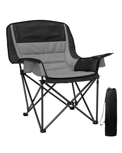  Sedia da Campeggio Pieghevole con 2 Portabicchieri e Tasche Laterali, 99x71x103 cm, Grigio e Nero