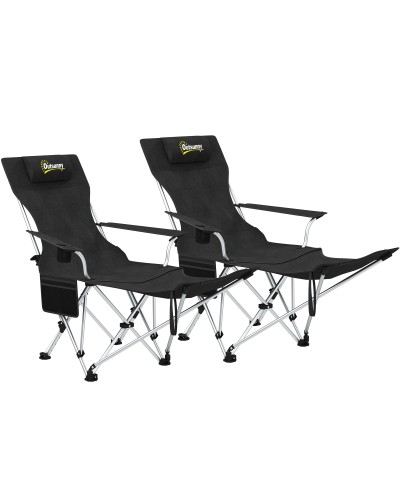  Set 2 Sedie da Campeggio Pieghevoli con Poggiapiedi Staccabile e Portabicchieri, 82x50/100x88 cm, Nero