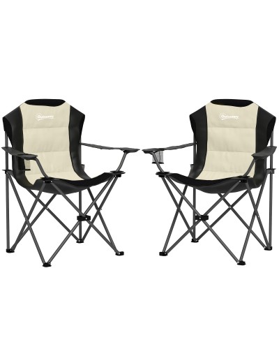 Set of 2 Folding Camping Chairs with High Back, Cup Holders, and Carry Bags, Cream