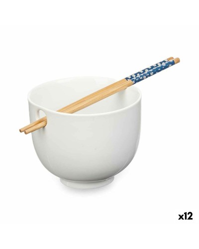 Cuenco de bambú blanco, 12 unidades (24 x 10,7 x 13,3 cm) - Estilo asiático/oriental con palillos
