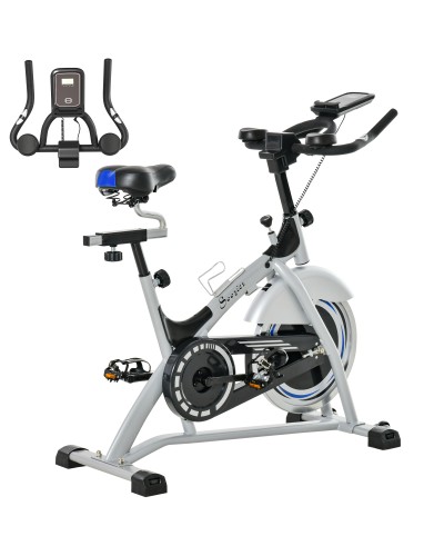  Cyclette Professionale da Camera con Monitor LCD e Volano 15kg, Sellino e Manubrio Regolabili, 124x50x105-111cm, Argento Nero