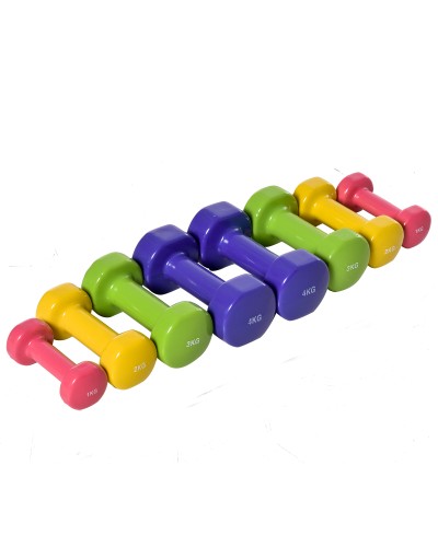 Set of 4 Hex Dumbbells, 20kg Total, Steel and PU, 1 to 4kg, Multicolor