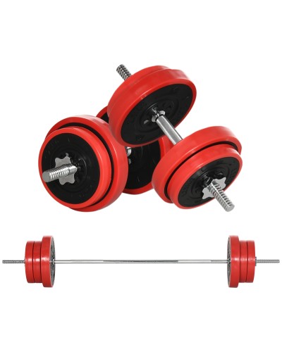  Set Bilanciere e Dischi 65kg totali per Workout in Casa, in Metallo, Sabbia di Ferro e Gomma, Rosso