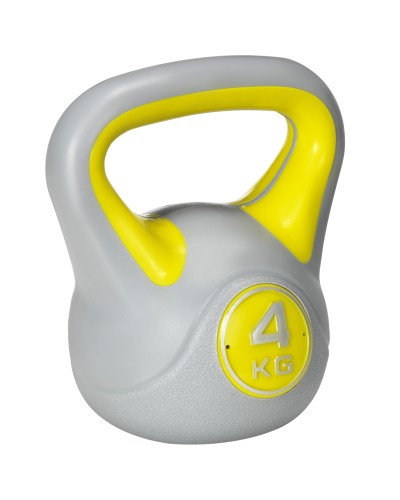  Kettlebell 4kg in PU e Sabbia con Base Piatta e Impugnatura per Stacchi, Squat e Sollevamenti, 18x12x20 cm, Giallo