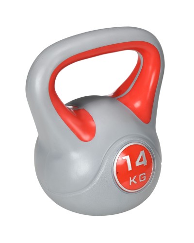  Kettlebell 14kg in PU e Sabbia con Base Piatta e Impugnatura per Stacchi, Squat e Sollevamenti, 26x18x32 cm, Rosso
