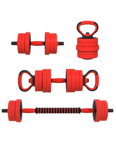4-in-1 20kg Dumbbell Set, Converts to Kettlebell, 2 Dumbbells, Barbell & Push-Up Stand, Red