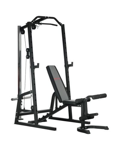 Multifunctional Power Tower with Ab Bench and Adjustable Barbell Rack, Black