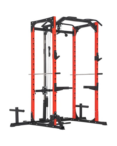  Stazione Fitness con Supporto per Bilanciere e Barra per Trazioni e Dip, in Acciaio, 191x153x205 cm, Rosso e Nero