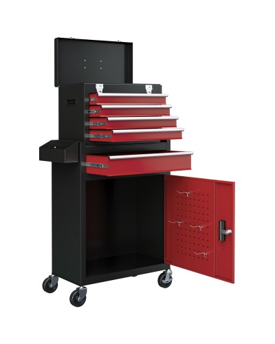  Carrello Porta Attrezzi 5 Cassetti, Cassetta Rimovibile e Armadietto con Chiave in Acciaio, Rosso