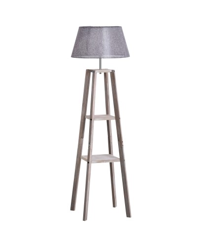  Lampada da Terra in Legno con 3 Ripiani e Paralume in Tessuto, 45x45x148cm, Grigio