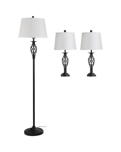  Set 3 Pezzi: 1 Lampada da Terra e 2 Lampade da Tavolo in Metallo, Design Vintage, Lampadine E27, Nero e Bianco