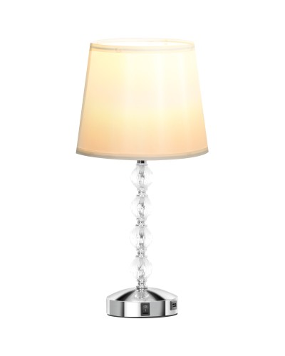 Crystal Table Lamp with USB Port, Metal, Glass & Polyester, Ø23x45 cm, White & Silver