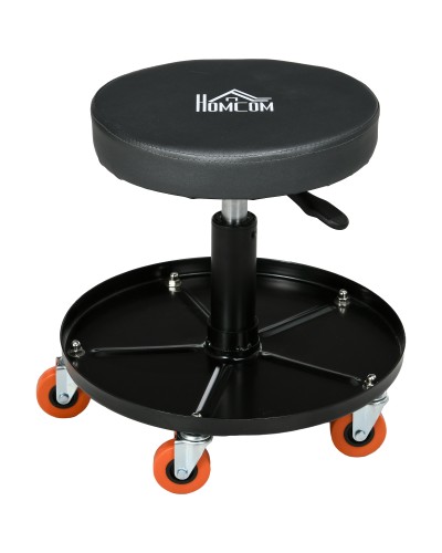Workshop Stool with Wheels and Tool Tray, Adjustable Height and Swivel, Ø40x25-48cm, Black