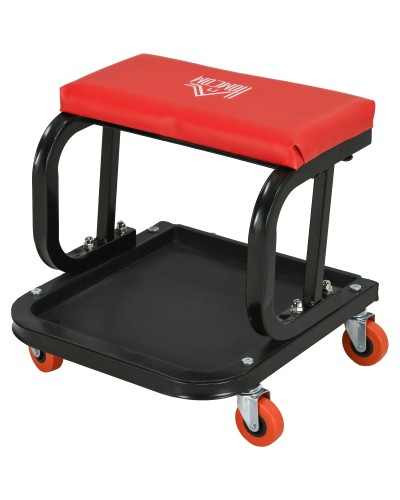  Sgabello da Officina Imbottito con Ruote e Vassoio Porta Attrezzi in Acciaio e PU, 38x35x37cm, Rosso