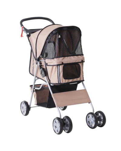  Passeggino per Cani Pieghevole in Tessuto con Cestino e Portabicchieri, 75x45x97cm - Marrone