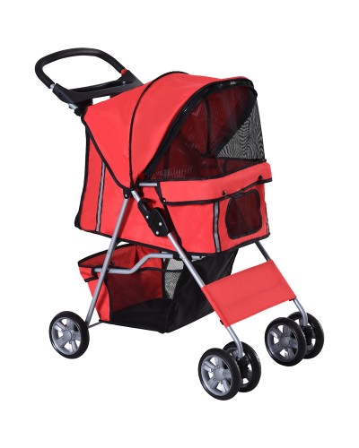  Passeggino per Cani Pieghevole in Tessuto con Cestino e Portabicchieri, 75x45x97cm - Rosso