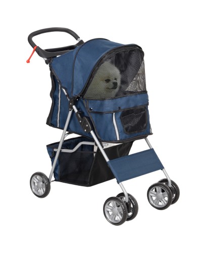 Foldable Dog Stroller with Basket and Cup Holder, Max. Weight 10 kg, 75x45x97cm, Dark Blue