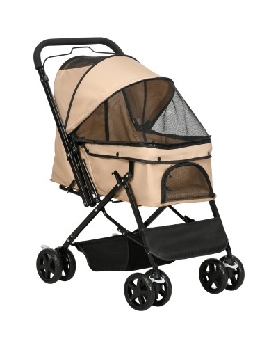 Small Foldable Dog Stroller with Rotating Handlebar, Brake Wheels and Basket, Brown