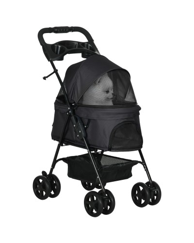Small Foldable Dog Stroller with Safety Leash and Basket, Black