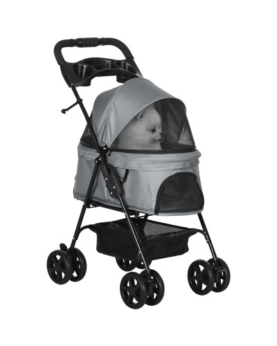 Foldable Dog Stroller with Safety Leash and Storage Basket, Grey