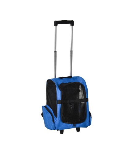  Trasportino Zaino 2 in 1 per Cani e Gatti con Tasche e Maniglia Telescopica, 42x25x55cm, Blu