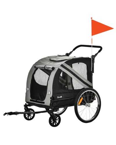  Rimorchio Cani con Ingresso a Cerniera, Ruote e Bandiera, in Acciaio e tessuto Oxford, Grigio Nero Argento