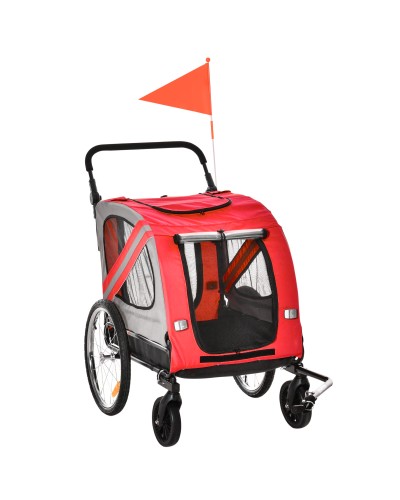  Rimorchio Cani con Ingresso a Cerniera, Ruote e Bandiera, in Acciaio e tessuto Oxford, Rosso Argento Nero