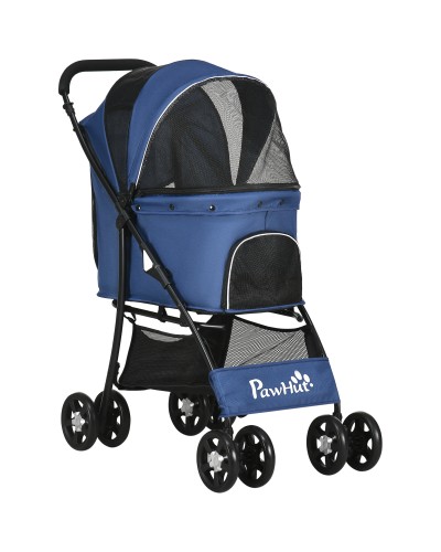 Dog Stroller with Basket, Cushion, and 2 Leashes, Steel & Oxford Fabric, 81x48x99 cm, Black & Dark Blue