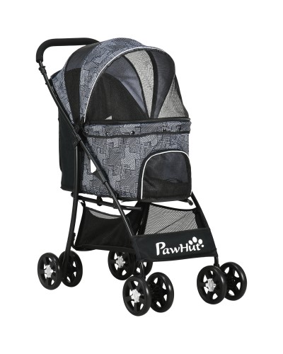 Dog Stroller with Basket, Cushion, and 2 Leashes, Steel and Oxford Fabric, 81x48x99 cm, Black and Grey