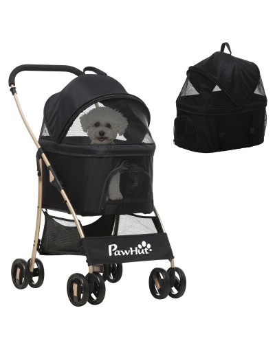  Passeggino per Cani Pieghevole con Trasportino Rimovibile e Tettuccio, 82x49.5x98cm, Nero