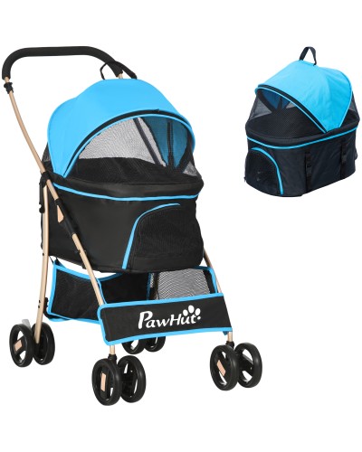 Convertible Dog Stroller with 2 Leashes and Cushion, Steel and Polyester, 82x49.5x98 cm, Light Blue and Black
