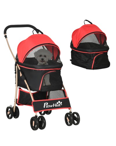 Passeggino per Cani Convertibile con 2 Guinzagli e Cuscino, in Acciaio e Poliestere, 82x49.5x98 cm, Rosso e Nero