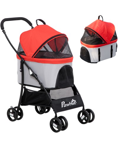 Foldable Dog Stroller with Removable Carrier and Canopy, 82x49.5x98cm, Red