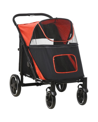 Foldable Dog Stroller with Zippered Entrances and Mesh Windows, 112x65x100 cm, Black and Red