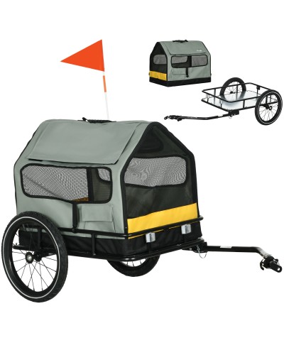  Rimorchio per Cani 3 in 1 con Casetta Rimovibile e Bandierina per Cani Taglia Piccola, Grigio