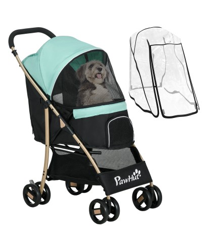  Passeggino per Cani Piccoli Pieghevole con Copertura Antipioggia, Cestino e Guinzaglio Integrato, Verde