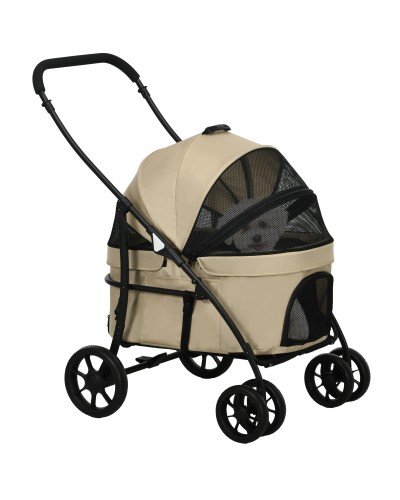 Small Dog Stroller with Adjustable Canopy and 2 Leashes, 81x68x98.5 cm, Black and Khaki