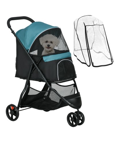  Passeggino per Cani Piccoli Pieghevole a 3 Ruote con Copertura Antipioggia e Cestino, Verde Scuro