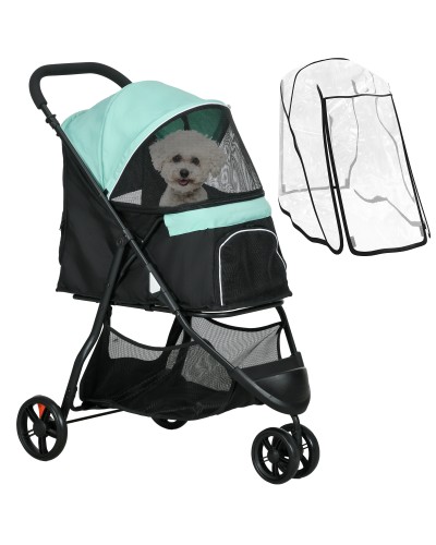3-Wheel Foldable Small Dog Stroller with Rain Cover and Basket, Green